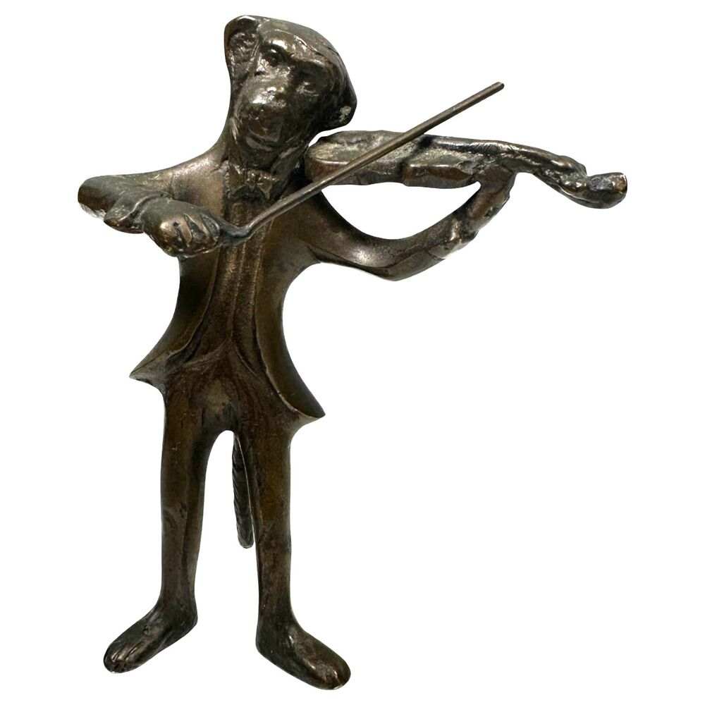 Vintage Bronze Monkey Playing Violin Figurine
